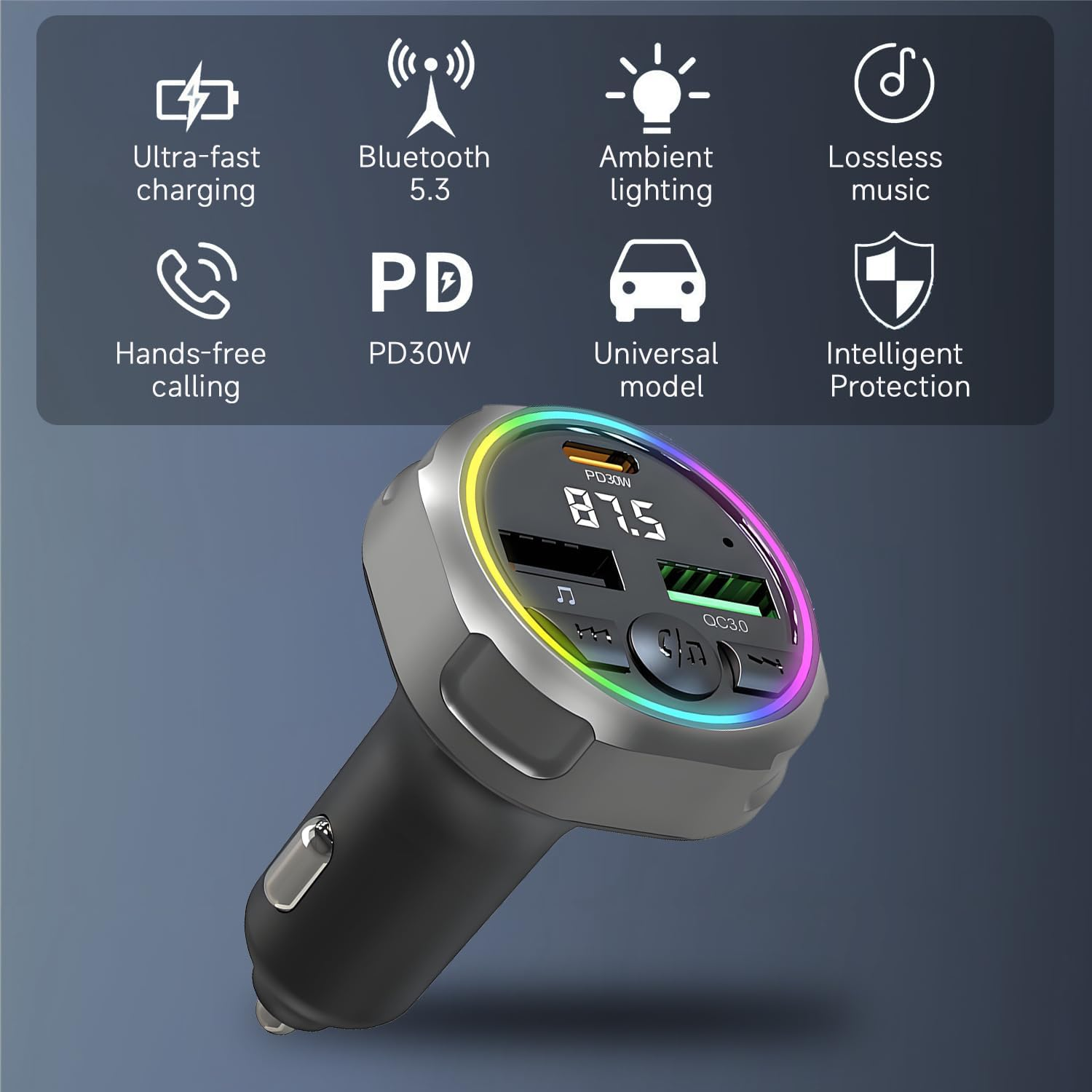 QUMOX Bluetooth 5.3 FM Transmitter Car Charger, PD 30W + QC3.0 Fast Charging, RGB Ambient Light, Dual USB Ports, Hands-Free Calling, Hi-Fi Music, Compatible with Iphone/Samsung/All Vehicles image number 3
