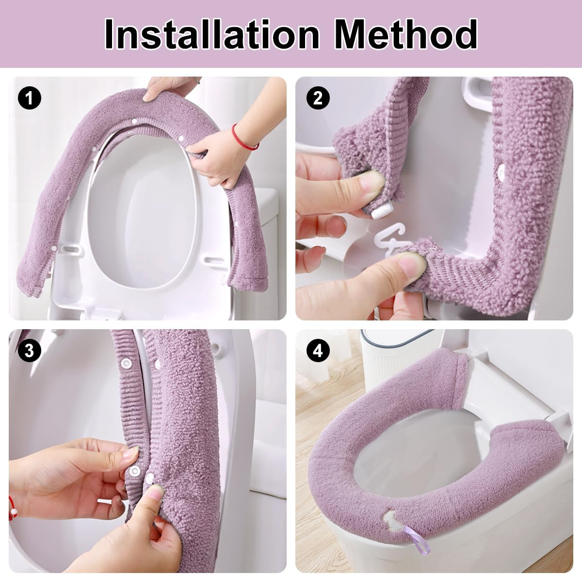 2 Packs Toilet Seat Cover, Plush Warm Bathroom Toilet Seat Cushion with Snaps Fixed Washable and Reusable Toilet Seat Lid Cover Pads, Fits Most Toilet Seats, Purple image number 6