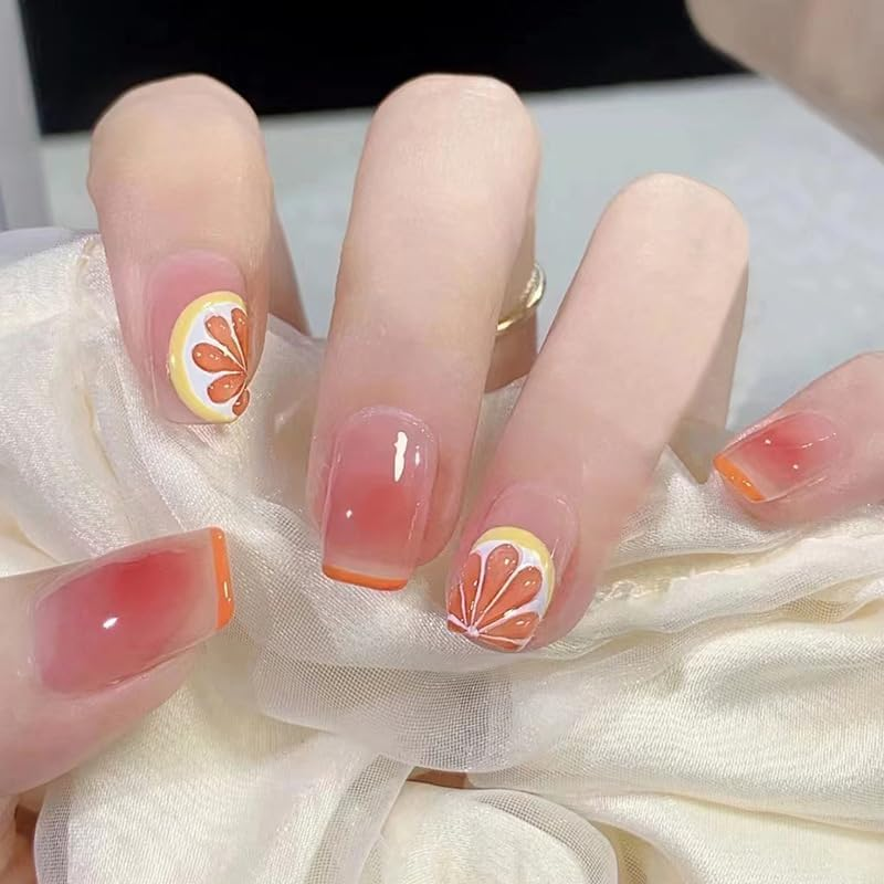 24X Orange Fake Nail Reusable Stick on Nails Press on Full Cover False Nail Tips, ABS Fashion Stick-On Nails, Easy Application, Elegant and Versatile Design for All Occasions image number 6