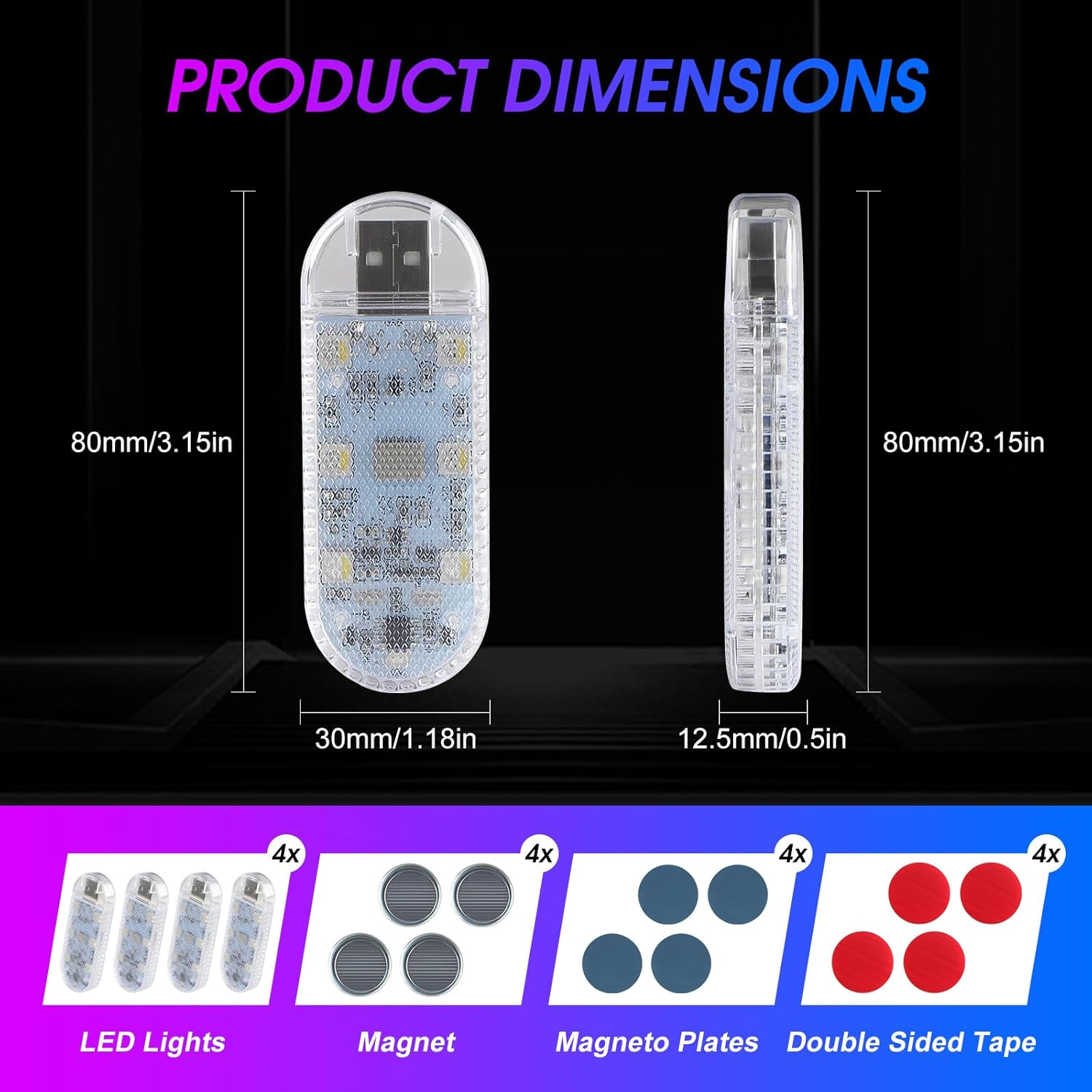 Kaidengzhe Car LED Lights Interior Wireless, RGB 7 Colors Magnetic Neon Touch Light, USB Rechargeable Interior Accent Ambient Lighting, Adjustable & Portable Night Lights for Car Trunk Room, 4 PCS image number 1