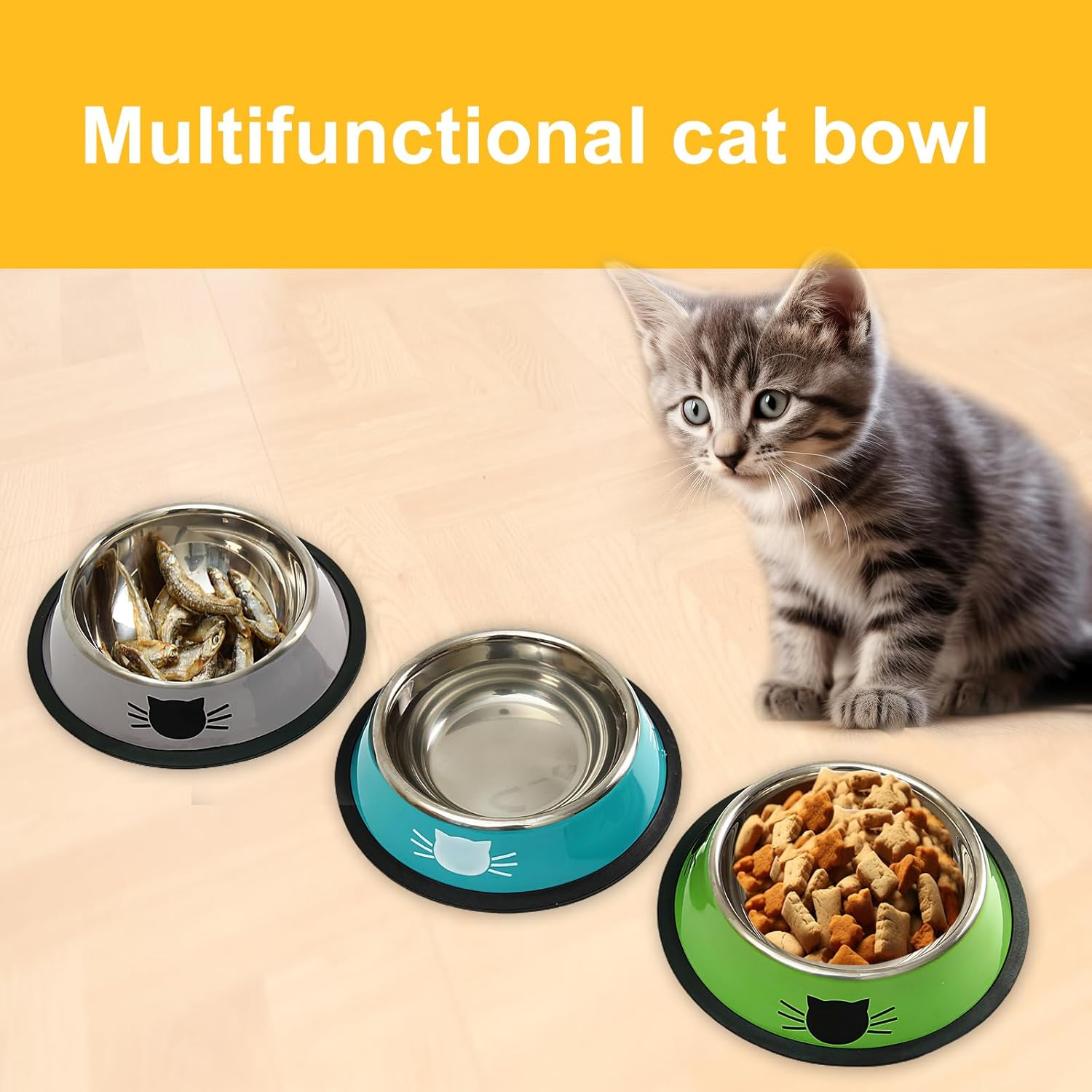 3Pcs Cat Bowls Stainless Steel, Small Pet Bowl, Shallow Wide Flat Cat Food Bowls,Anti Slip Cat Food Bowl Suitable for Indoor Small Cats and Small Dog Animals (Blue Green Gray) - Orange Gray Blue image number 4