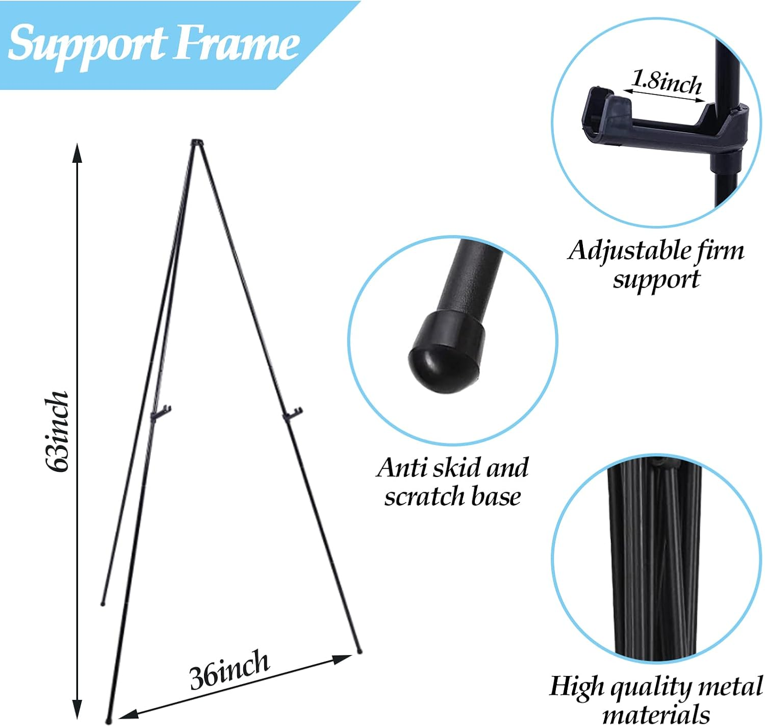Thickened Easel Stand for Wedding Sign & Poster 63'' Portable Easels for Display Black Art Easel for Floor Adjustable Metal Easel Stand,Quick Set-Up Tripod Stand, Presentations,Signs,Posters (Black) image number 3