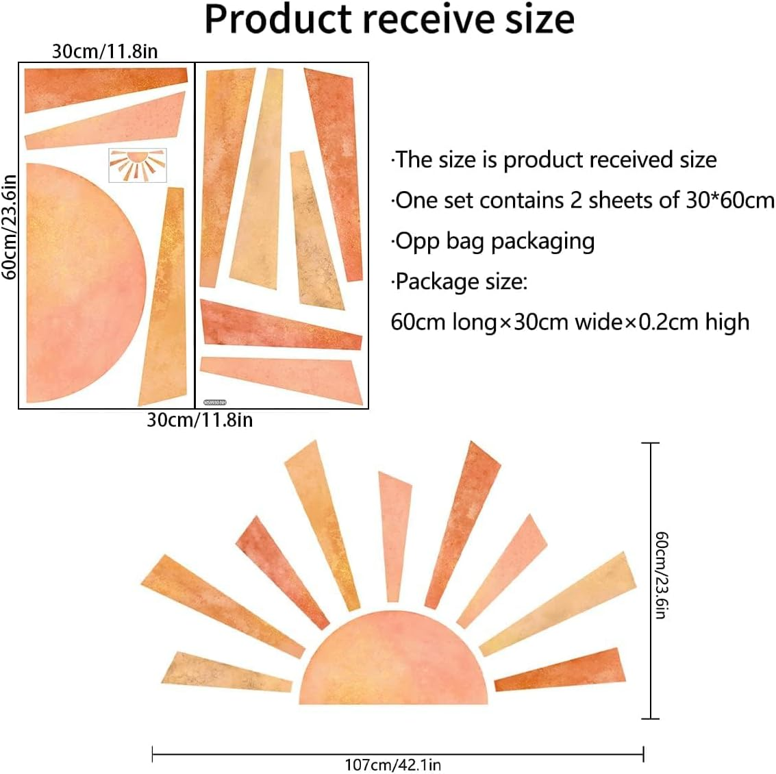 Denylo Pro 42.1X23.6 Inch Boho Half Sun Wall Decal Large Wall Decal Sunshine Wall Stickers Vinyl Wall Decals Removable Peel and Stick Wall Stickers for Nursery Kids Room Playroom Decor image number 1