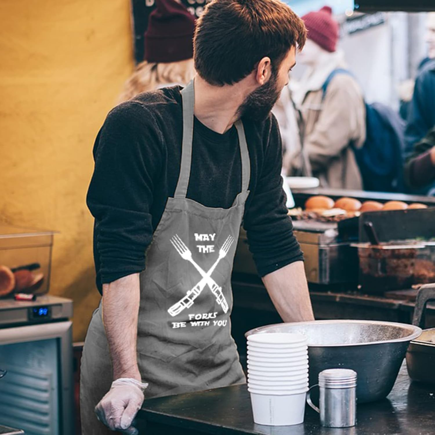 Cooking Aprons for Men Women, Kitchen Chef Apron, BBQ Grilling Gifts for Husband Dad - May The Forks Gray image number 5