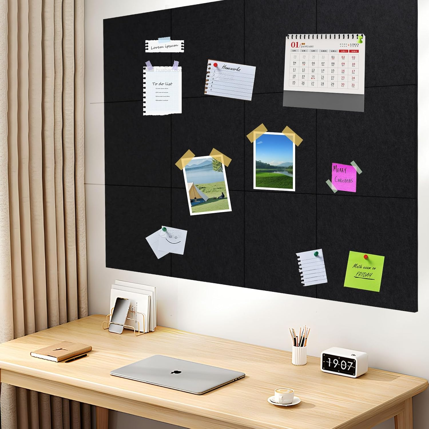 Large Bulletin Board Black Cork Board Alternative 12 Pack Felt Wall Tiles with Safe Removable Adhesive Tabs 47"X35" Wall Cork Board Felt Board Poster Board Soundproof Panel for Office Family Classroom image number 5