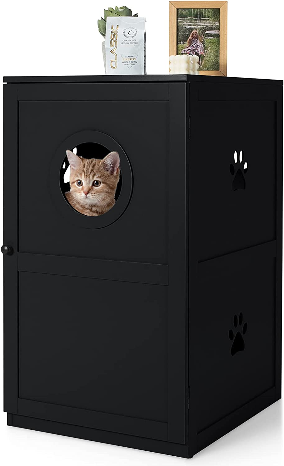 Costway 2-Tier Litter Box Enclosure, Cat House Bench W/Anti-Toppling System & Openable Door, Privacy Cat Washroom W/Multiple Vents & Entrance Hole, Side Storage Cabinet, Home, Pet Store (Black)