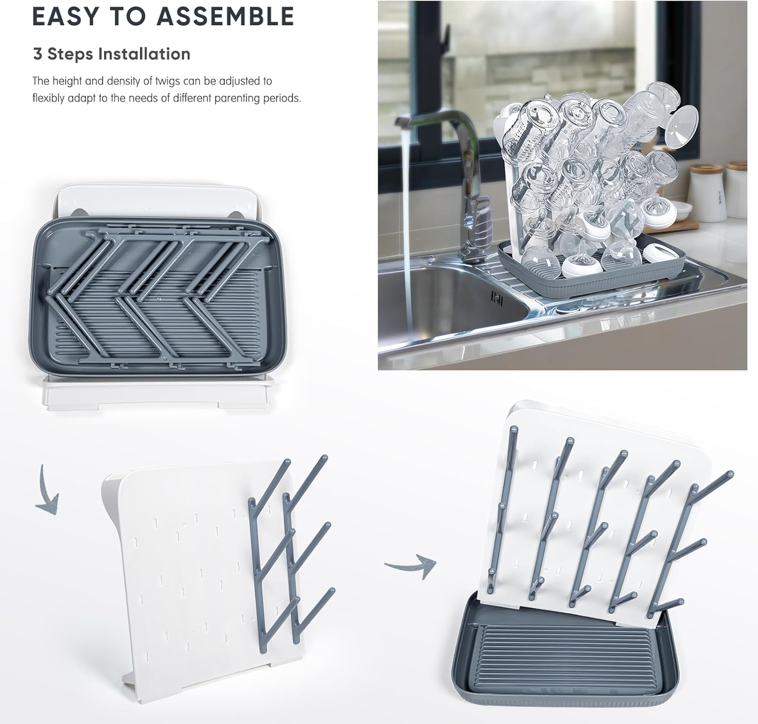 Termichy Baby Bottle Drying Rack: Large Vertical Bottle Dryer Rack Holder - Space Saving Standing Drying Rack for Baby Bottles and Pump Part Cleaning (Gray)