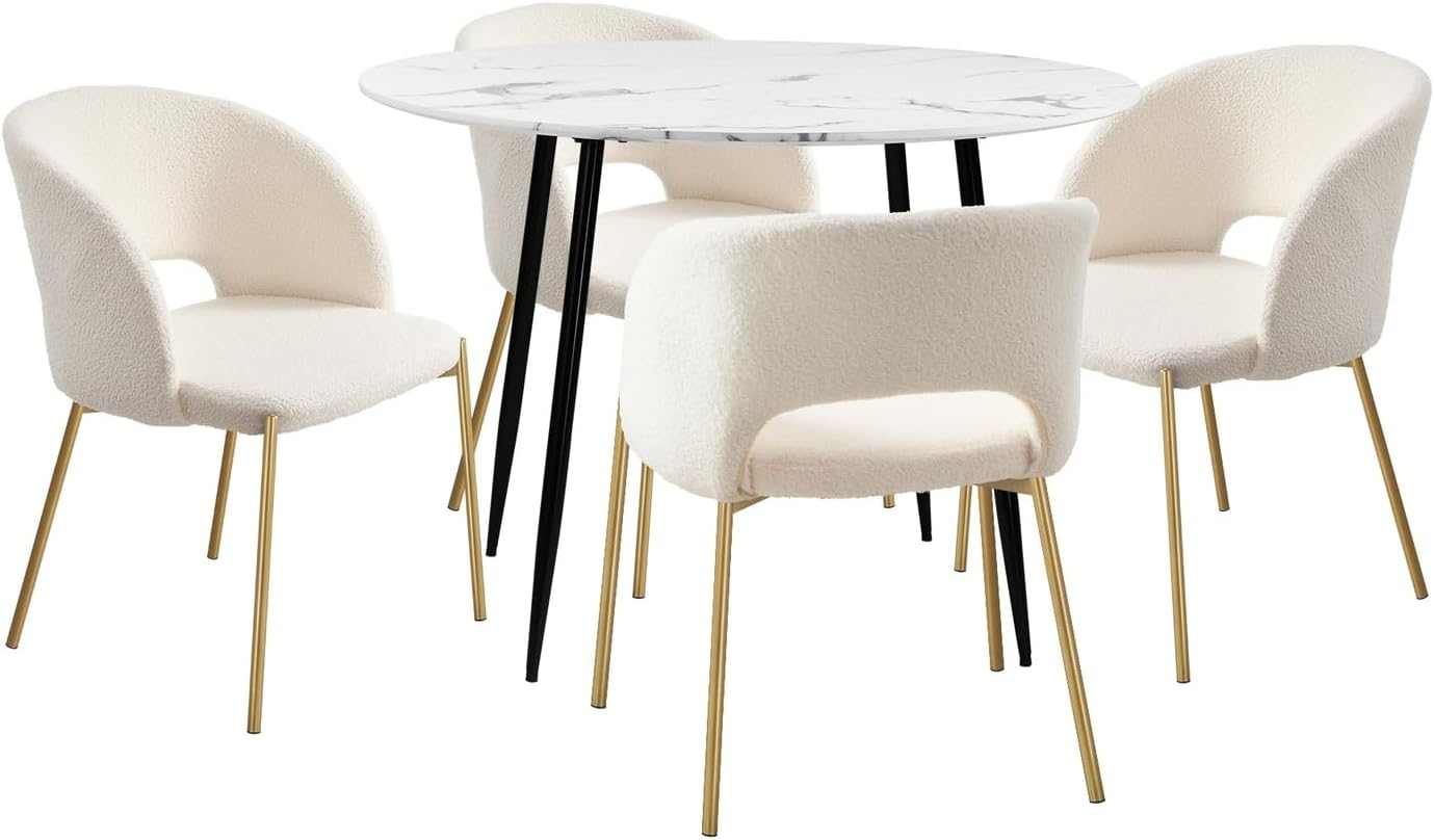 Oikiture 110Cm round Dining Table and Chairs White Dining Set with Marble Table and Sherpa Dining Chairs Set of 4 - Gs-Gold image number 6