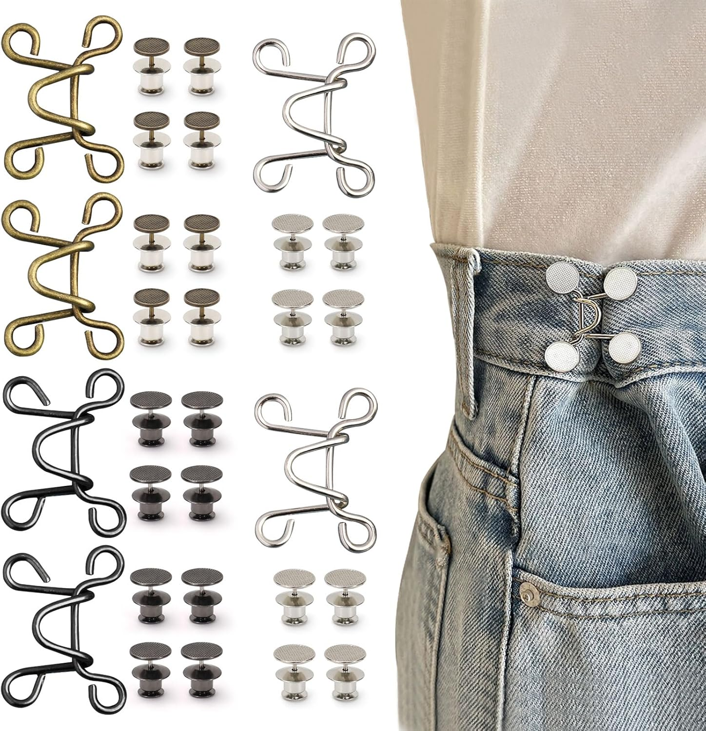 Yitexin 36 Pcs Pants Jean Buttons for Loose Jeans Adjustable, No Sewing Pant Waist Tightener, Pants Clips to Tighten Waist Size Down, Waist Buckle Extender Pins Adjuster for Women (6 Sets, 3 Colors)