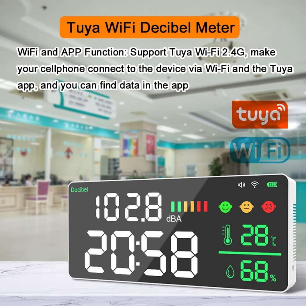 Tuya Wifi Decibel Meter 4In1 Temperature Humidity Decibel Test Alarm Clock 11Inch LED Color Display Tuya Intelligent Linkage APP Control Noise Decibel Meter