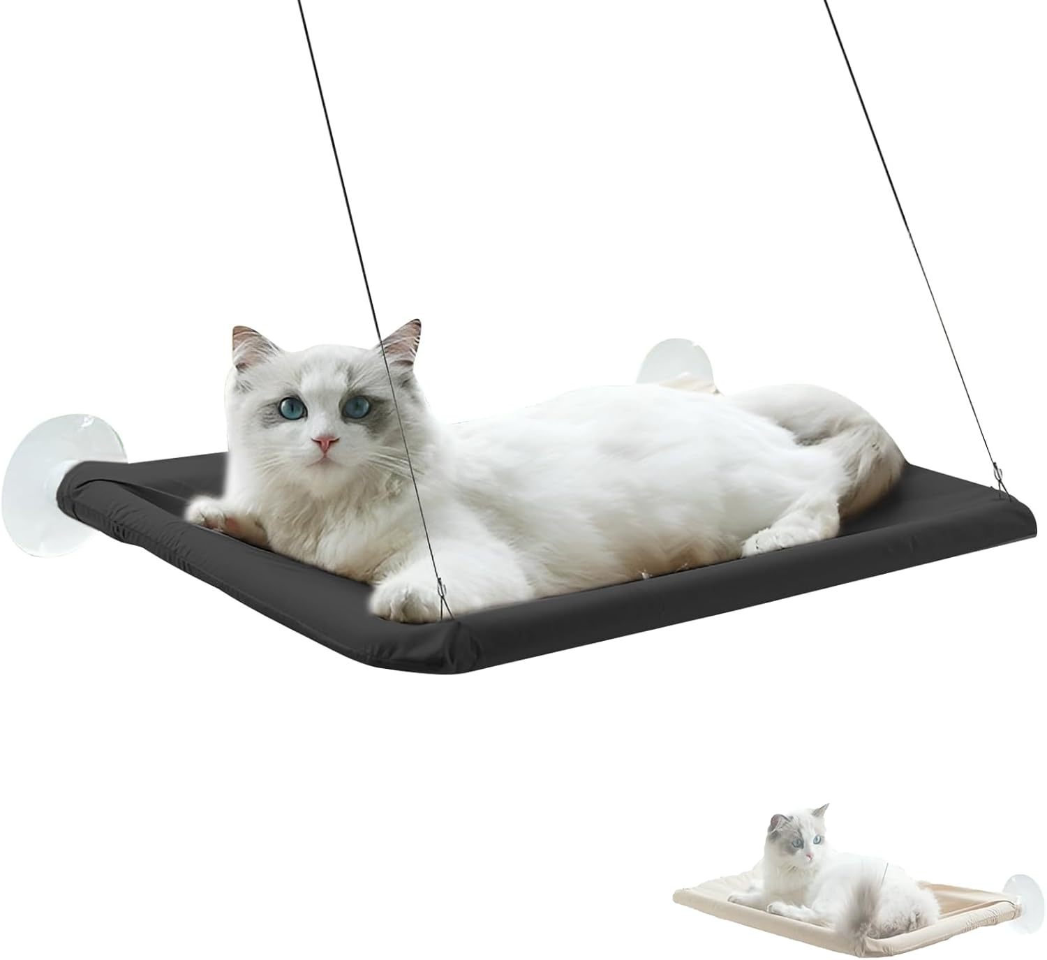 Cat Window Perch Bed with Strong Suction Cups, Foldable Cat Hammock Bed for Large Cats, Space Saving Wall Mounted Cats Resting Seat (Beige, 21.7" X 13.8")