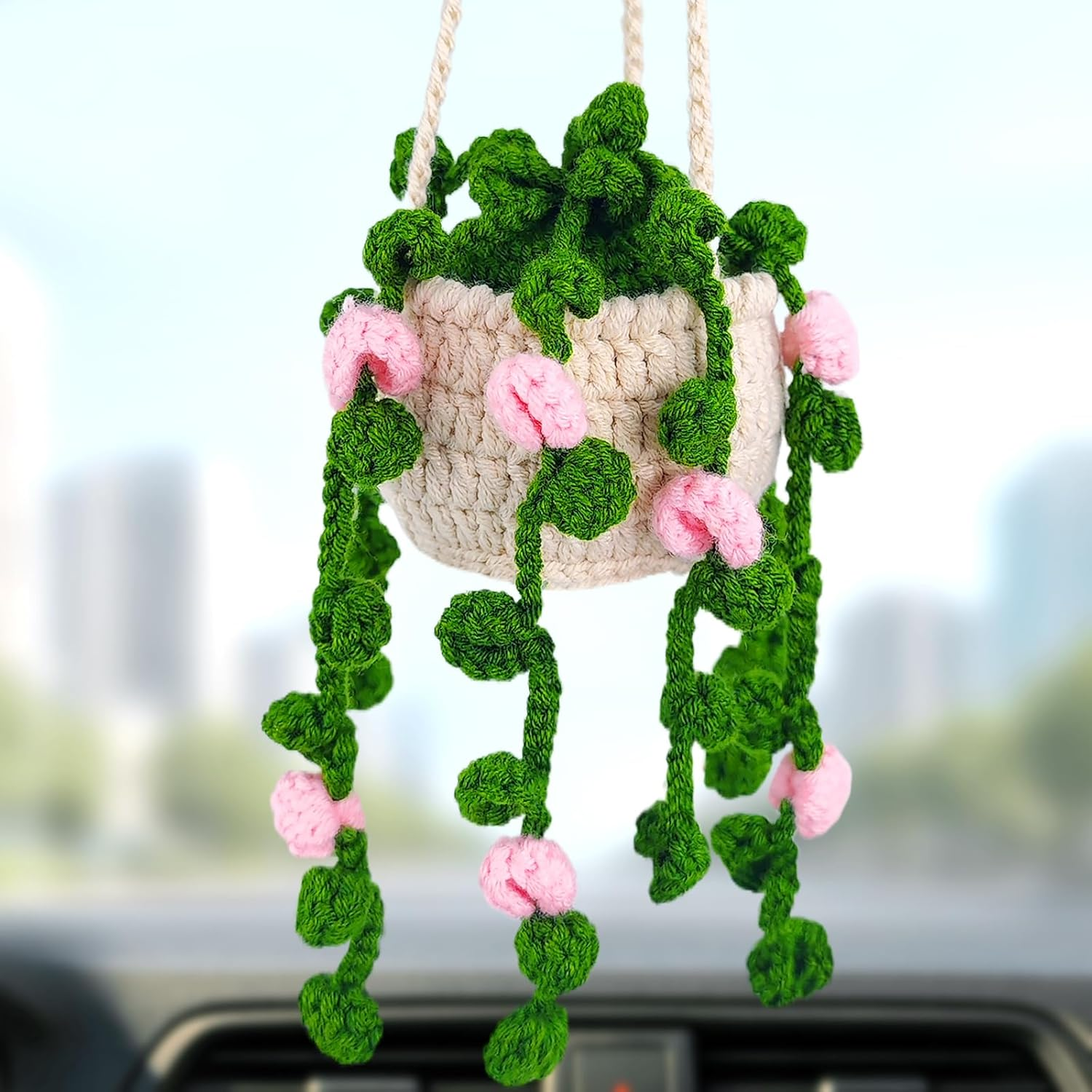 Crochet Plant Hanging Basket Car Rear View Mirror Hanging Accessories Women Interior Aesthetics Cute Handmade Knitted Girly Gift(White Flowers)
