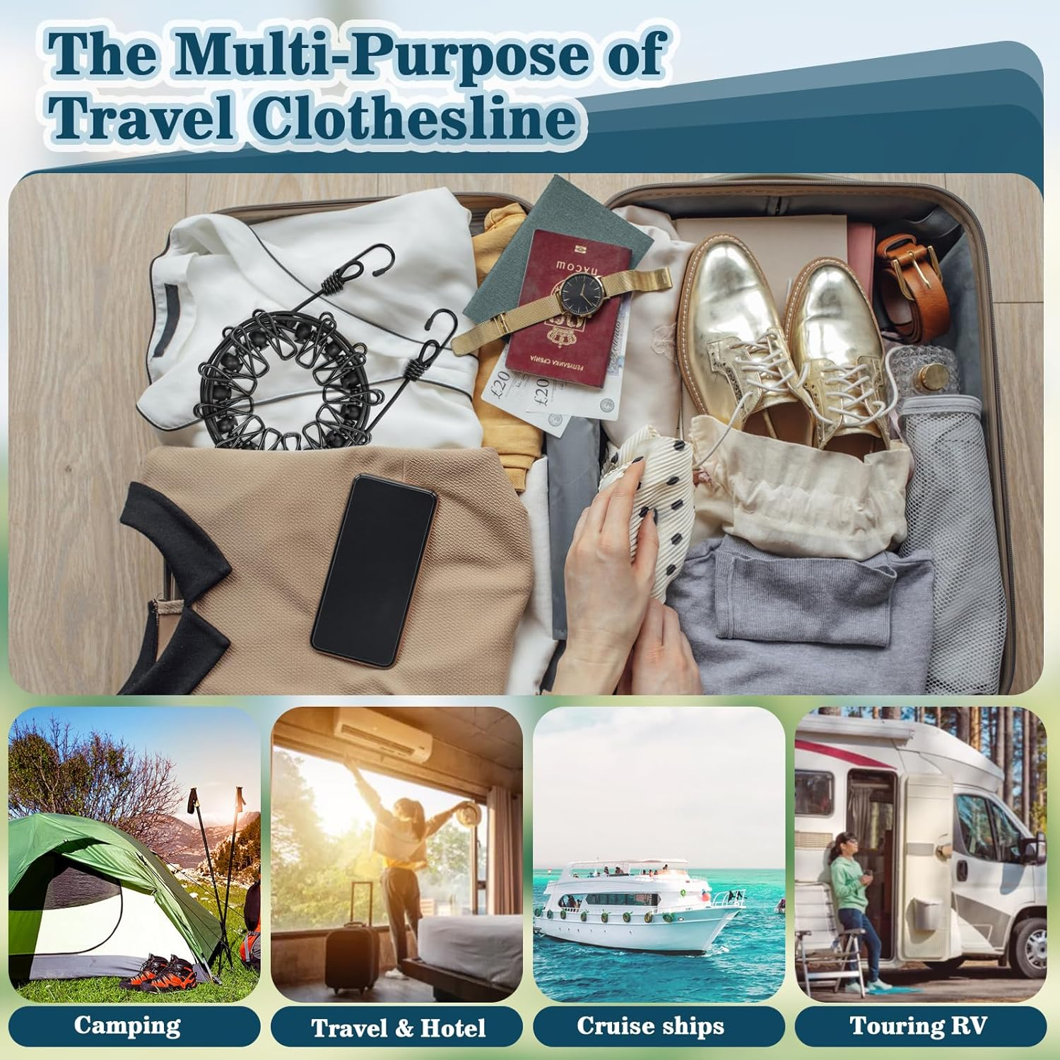 NINEMAX Stretchy Retractable Travel Clothesline - Portable Clothesline with 12 Clothespins, Windproof Camping Clothesline with Hooks, Elastic Clothes Drying Line for Outdoor and Indoor Use