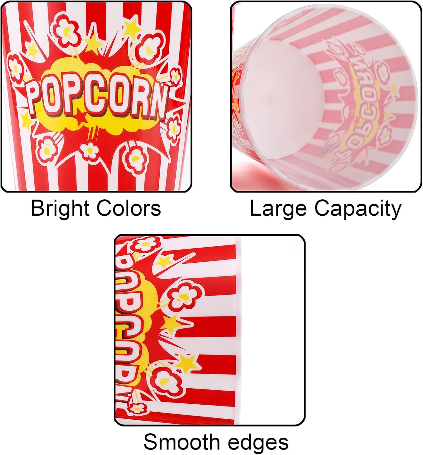 YOUEON 12 Pack Large Plastic Popcorn Bowls, 95 Oz Reusable Popcorn Containers in Red & White Striped Retro Style, Popcorn Buckets for Movie Night, Theater, Party Theme