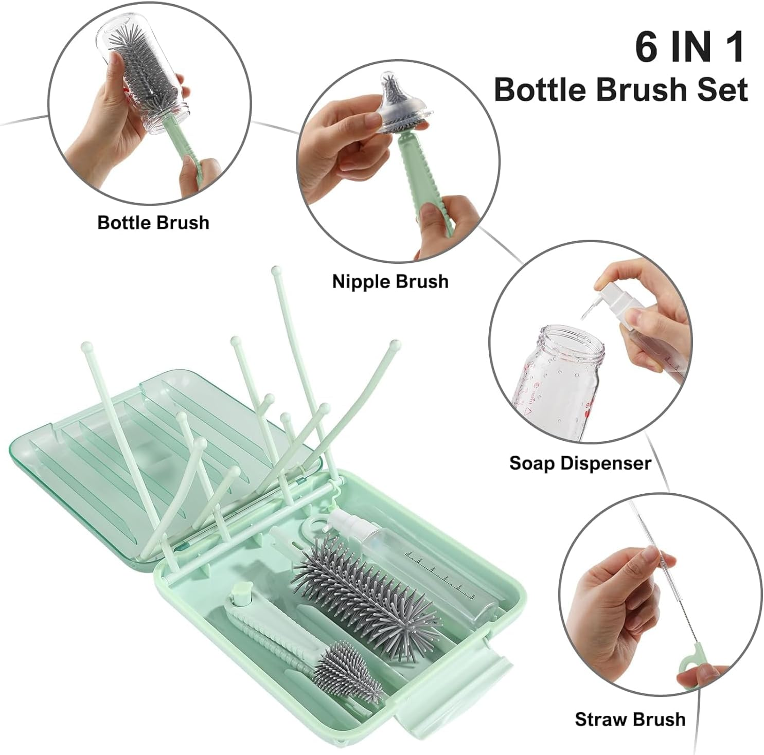 Ronluuu Baby Bottle Brush Set with Silicone Bristles | 6-In-1 Multi Function Cleaning Kit, Teat/Straw Brushes, Compact Drying Stand & Travel Storage Case | Home & Travel Use (Green) image number 2