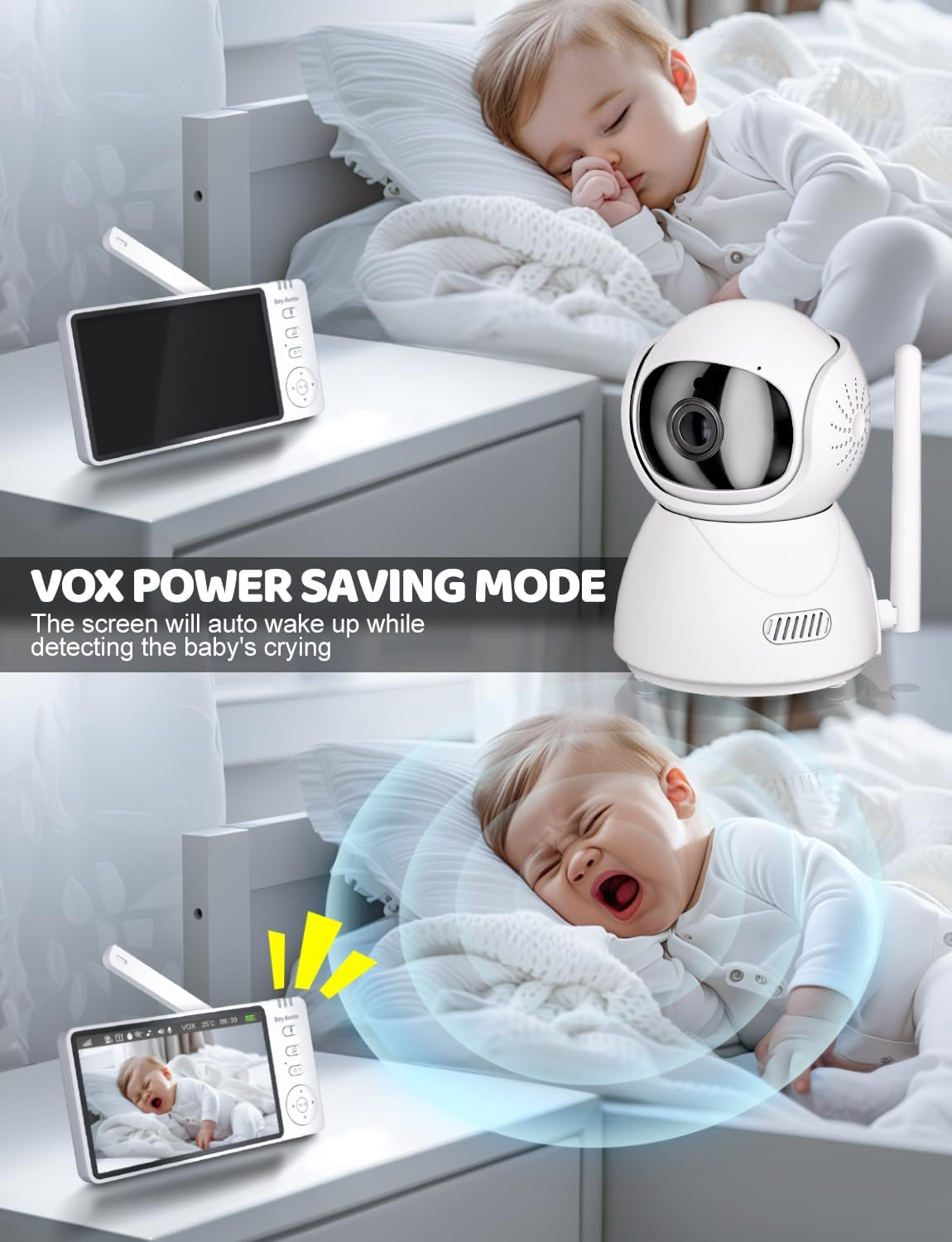 BURNNOVE Baby Monitor with Camera 5'' 720P HD Screen Baby Video Monitor with Two Way Audio 2X 4X Digital Zoom VOX Mode Night Vision Temperature Monitoring 8 Lullabies and 5 Alarms image number 6