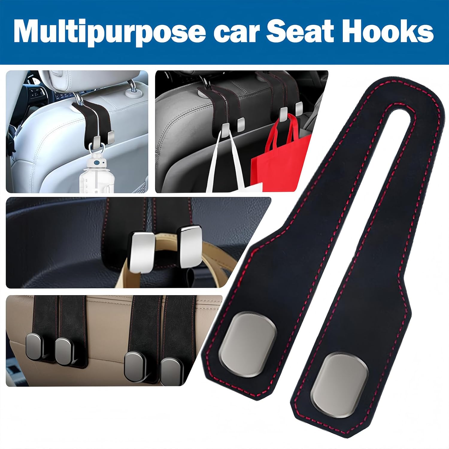 【4-Pack】 Car Seat Headrest Hook - Double Leather Storage Organizers for Handbags, Purses & Mobile Phones | Universal Fit for Cars | Heavy-Duty Metal Hooks | Easy Tool-Free Installation (Black) image number 1