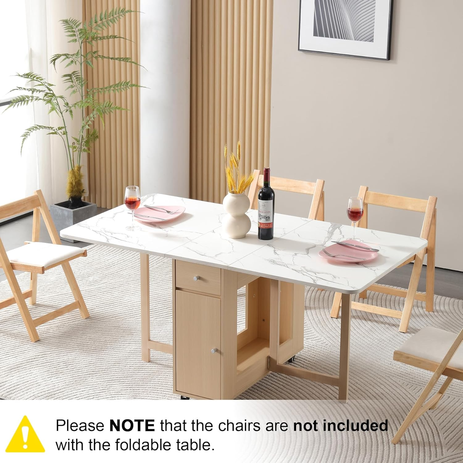 Foldable Dining Table, Space Saving Dining Table Extendable, Folding Dining Table with Storage and Wheels 2-Layers, Versatile Drop Leaf Table Modern for Living Room, Kitchen, RV Campers (Marble Wood) - Grey image number 3