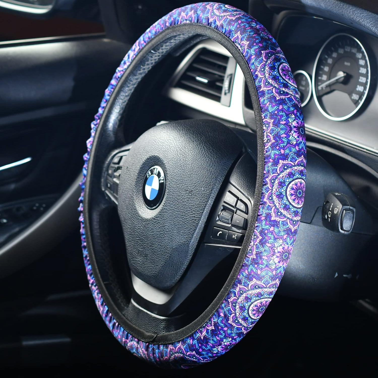 4 Pieces Mandala Purple Lotus Steering Wheel Cover Set with 2Pcs Car Cup Coasters & Quarter Keyring, Cute and Fashionable Non-Slip Purple Steering Wheel Cover, Universal Fit 14-15.5 Inches - Purple image number 6