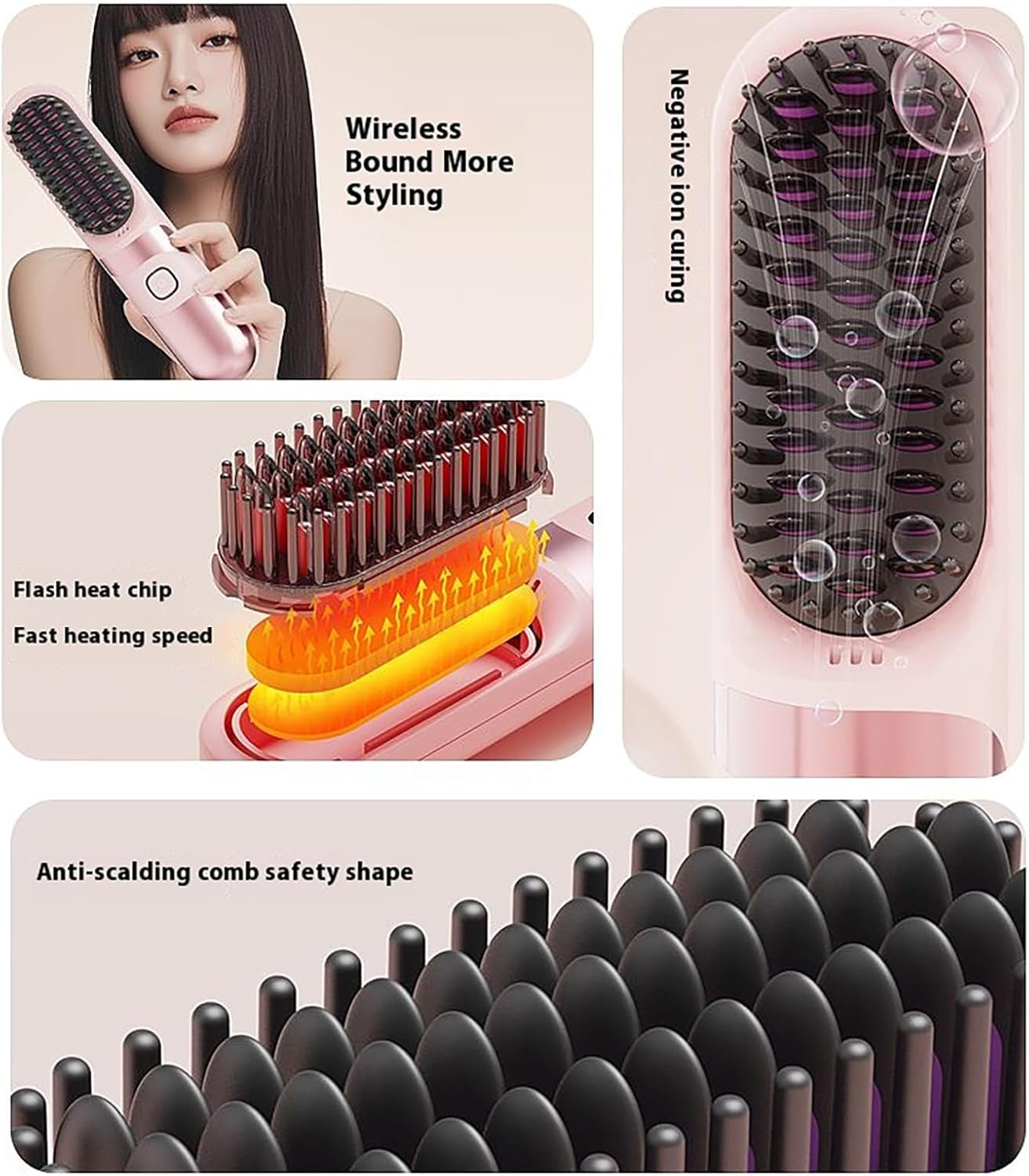 Uoqpty Small Hair Straightener - Electric Curler Brush,2-In-1 Portable Cordless Hair Straightener Brush with 3 Adjustable Temperature - Purple image number 2