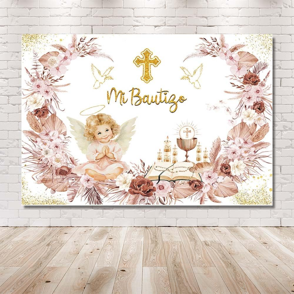 MEHOFOND 2.1 X 1.5 M Girls Christening Decoration Background Mi Bautigo Cross Bohemian Flower Photography Background First Communion Church Christening Party Decoration Banner Studio Supplies image number 2