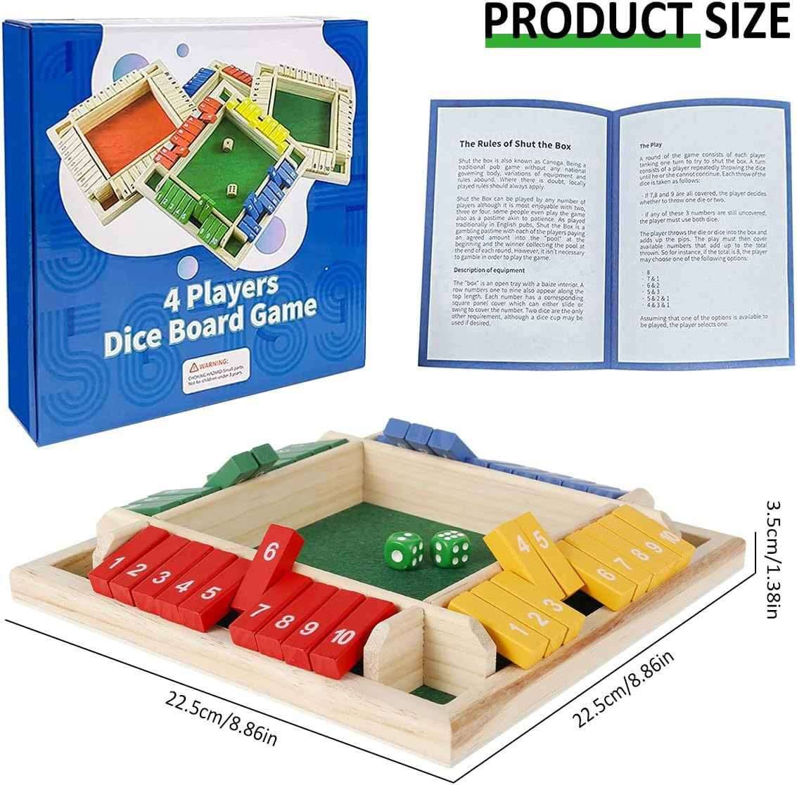 Shut the Box Dice Game，4 Player Shut the Box Wooden Board Games with 8 Colored Dices Educational Learning Dice Games for Family Party Pub Bar Board Game image number 2