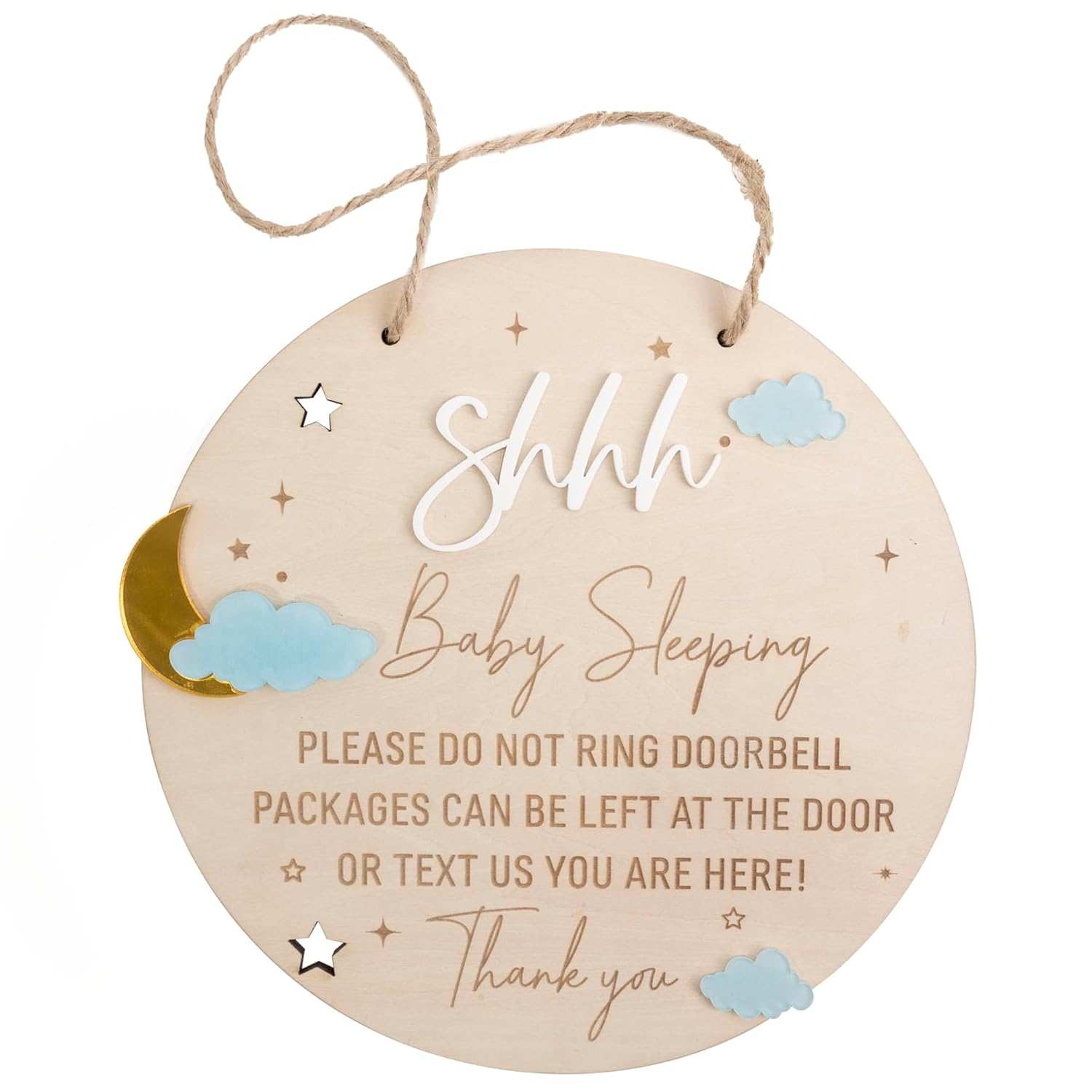 2Pcs Wooden Baby Sleeping Hanging Sign Plaque, Do Not Knock or Ring the Bell, round Wooden Door Hanger for Baby Room, Nursery, Front Door, Door Knob Decor (Moon)