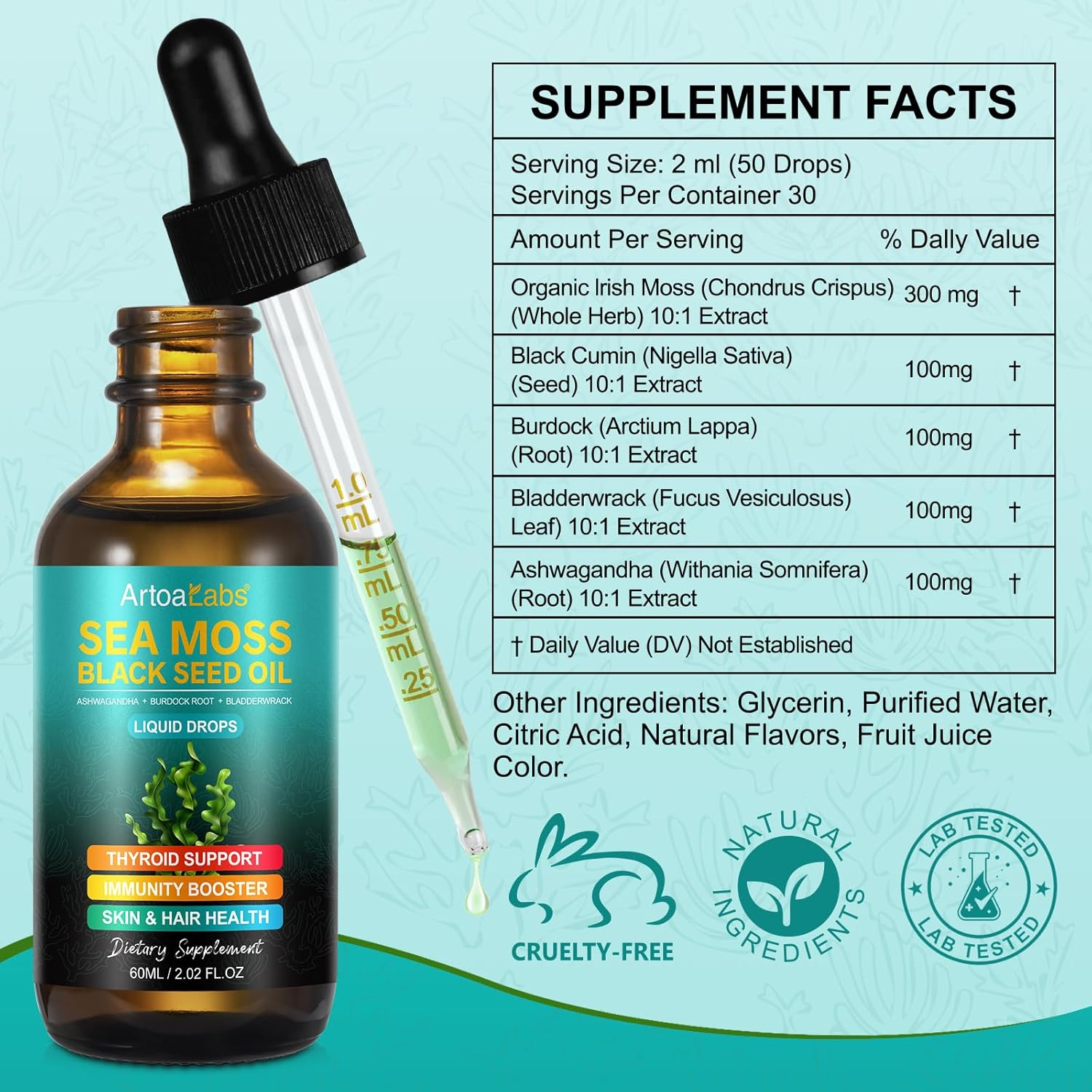 Organic Sea Moss Liquid Drops with Black Seed Oil, Ashwagandha, Burdock Root & Bladderwrack | Non-Gmo, Vegan | 60Ml image number 2