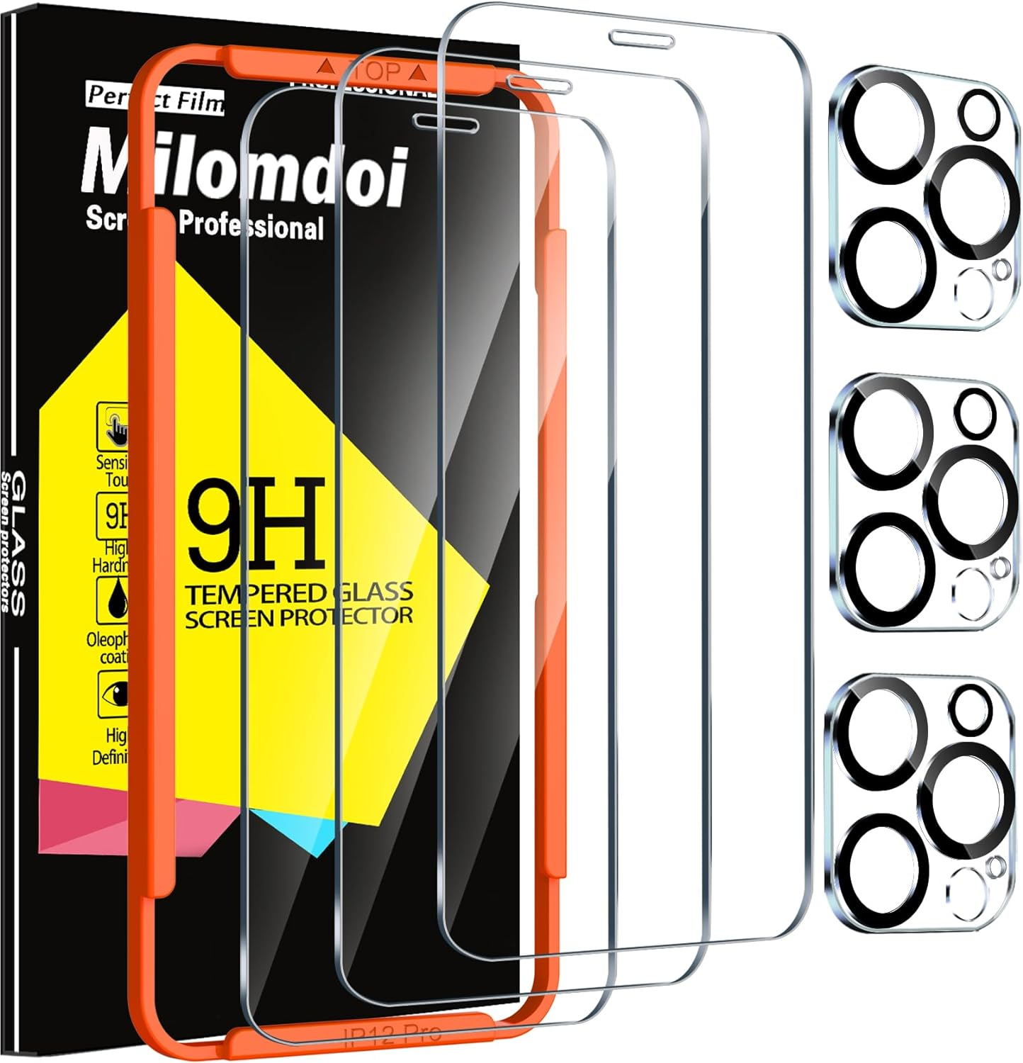 Milomdoi 3 Pack Screen Protector for Apple Iphone 12 Pro with 3 Pack Tempered Glass Camera Lens Protector, Ultra 9H Accessories, Case Friendly, Mounting Frame, 2.5D Curved, Transparent image number 5