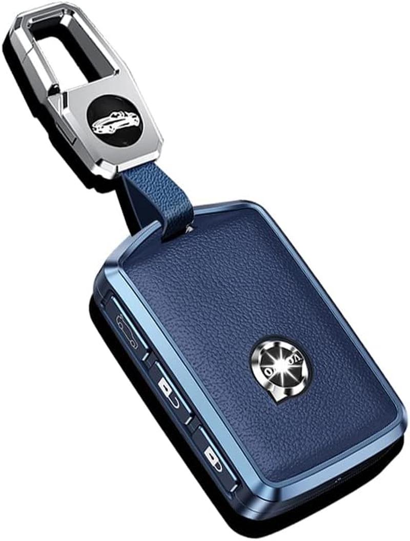 HIBEYO Alloy Leather Texture Car Key Fob Cover with Keychain Fits for Volvo XC90 XC60 XC40 S60 S90 V60 Polestar 1 T5 Car Key Case Cover Jacket Smart Remote Car Key Holder Key Shell 3 Button Blue