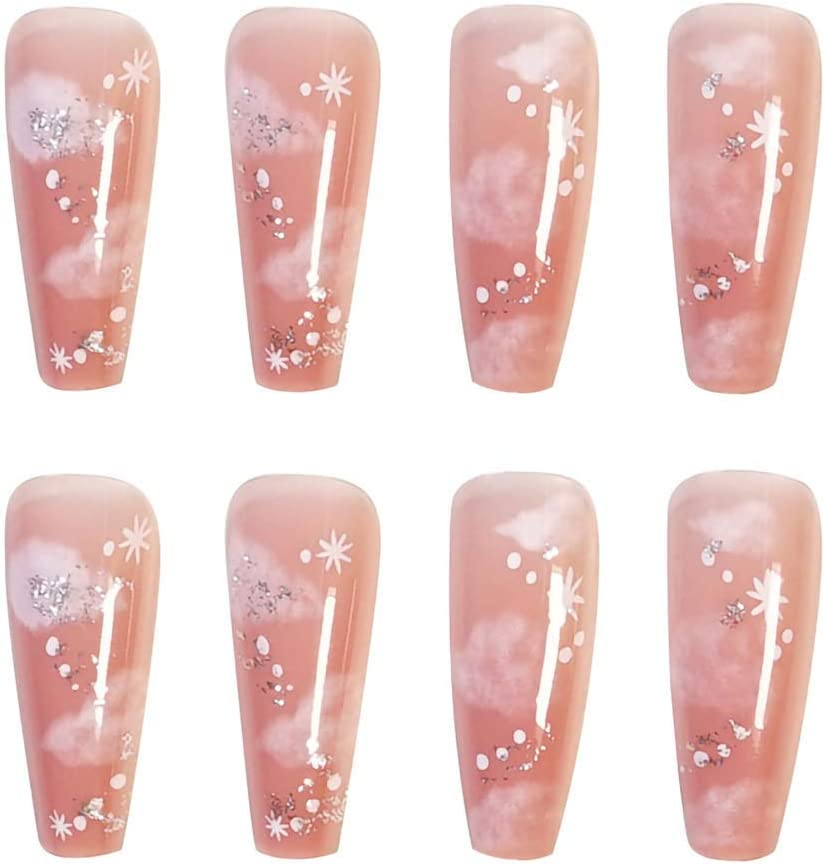 24PCS Nude Cloud Press on Nails,Long Coffin Fake Nails Nude Cloud Ballerina Nail Tips for DIY Nail Art Salon Women Girls image number 1