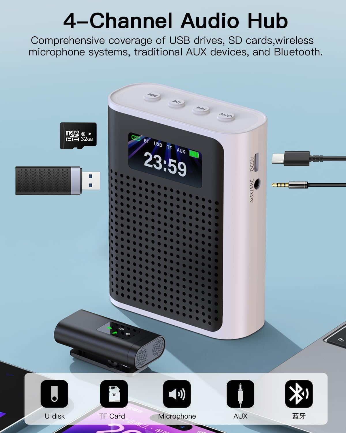 Voice Amplifier with Magnetic Wireless Lavalier Microphone, 2600Mah Long Battery, 70M Range, Hi-Fi Dual-Magnet Speaker, Bluetooth/Tf/Usb/Aux Portable PA System for Teaching & Outdoor Use image number 5