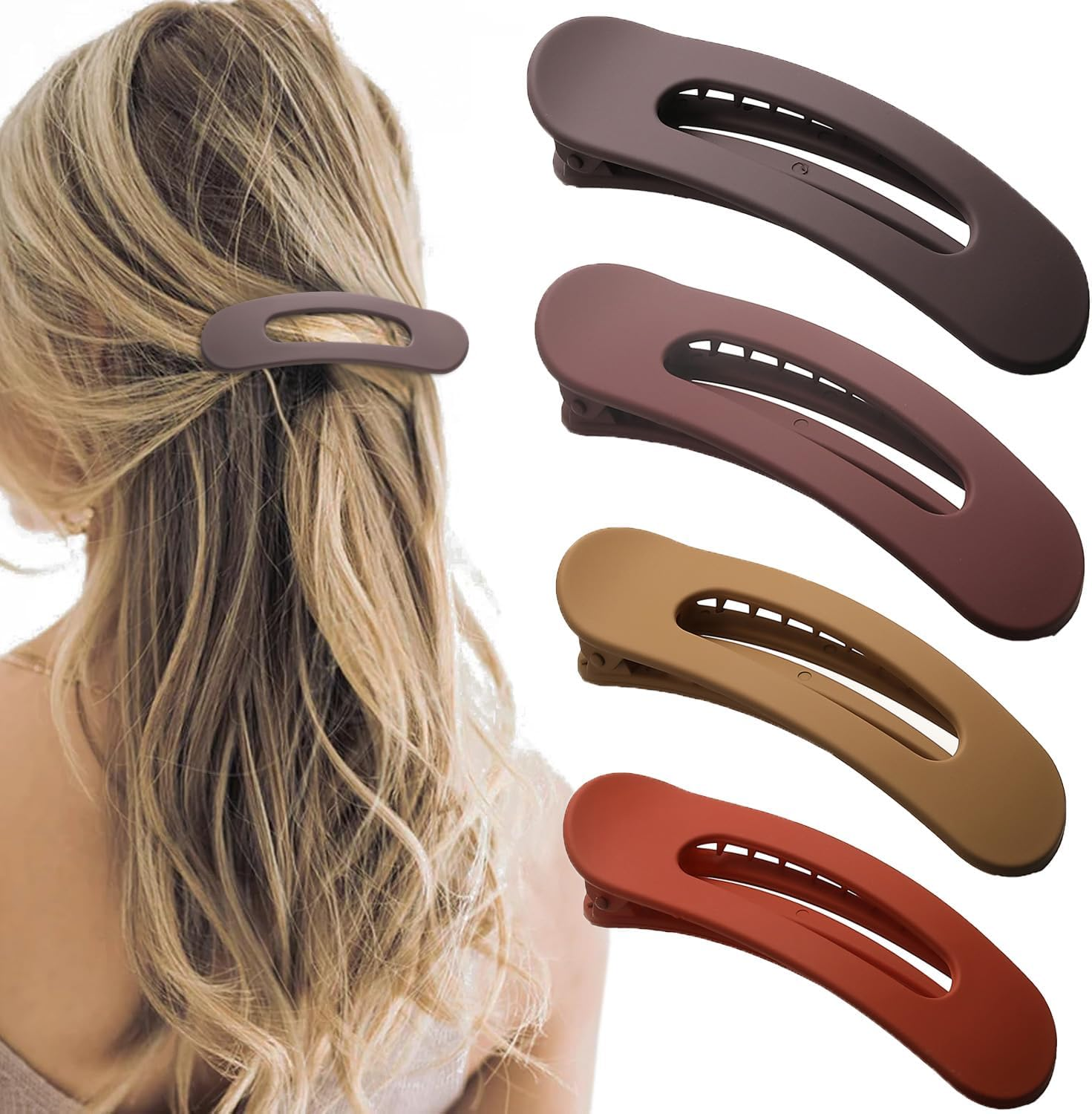 4 PCS Flat Claw Clips, Large Lay Flat Hair Clips for Women Girls, Strong Hold Non-Slip Hair Claws for Thick Thin Hair (Matte 3)