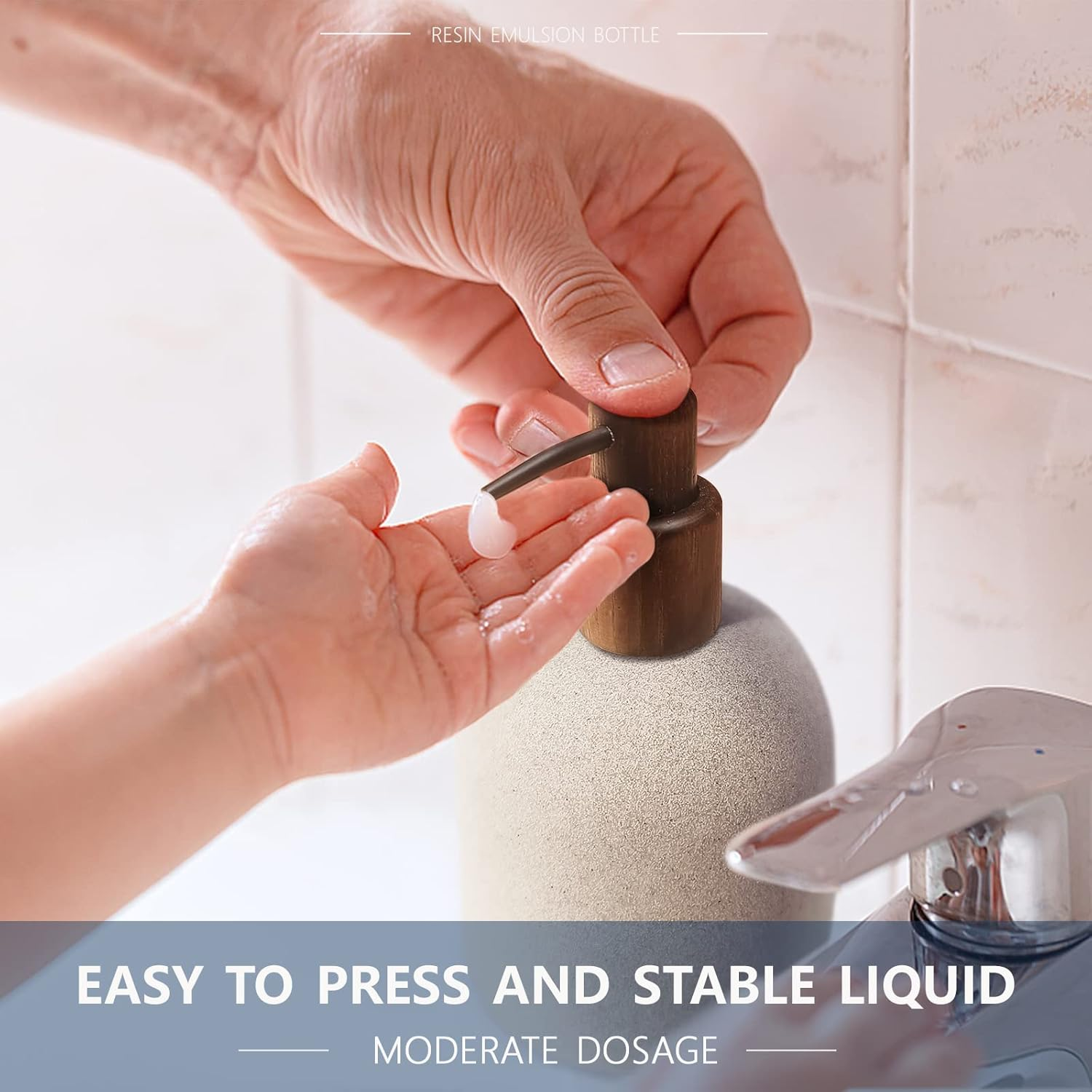 Asashizen 250Ml Japanese Style Resin Soap Bottle Dispenser Bathroom, Easy to Fill Washing up for Kitchen Sink, Refillable Shampoo and Conditioner Liquid Dispenser Bottles with Wooden Pump image number 3