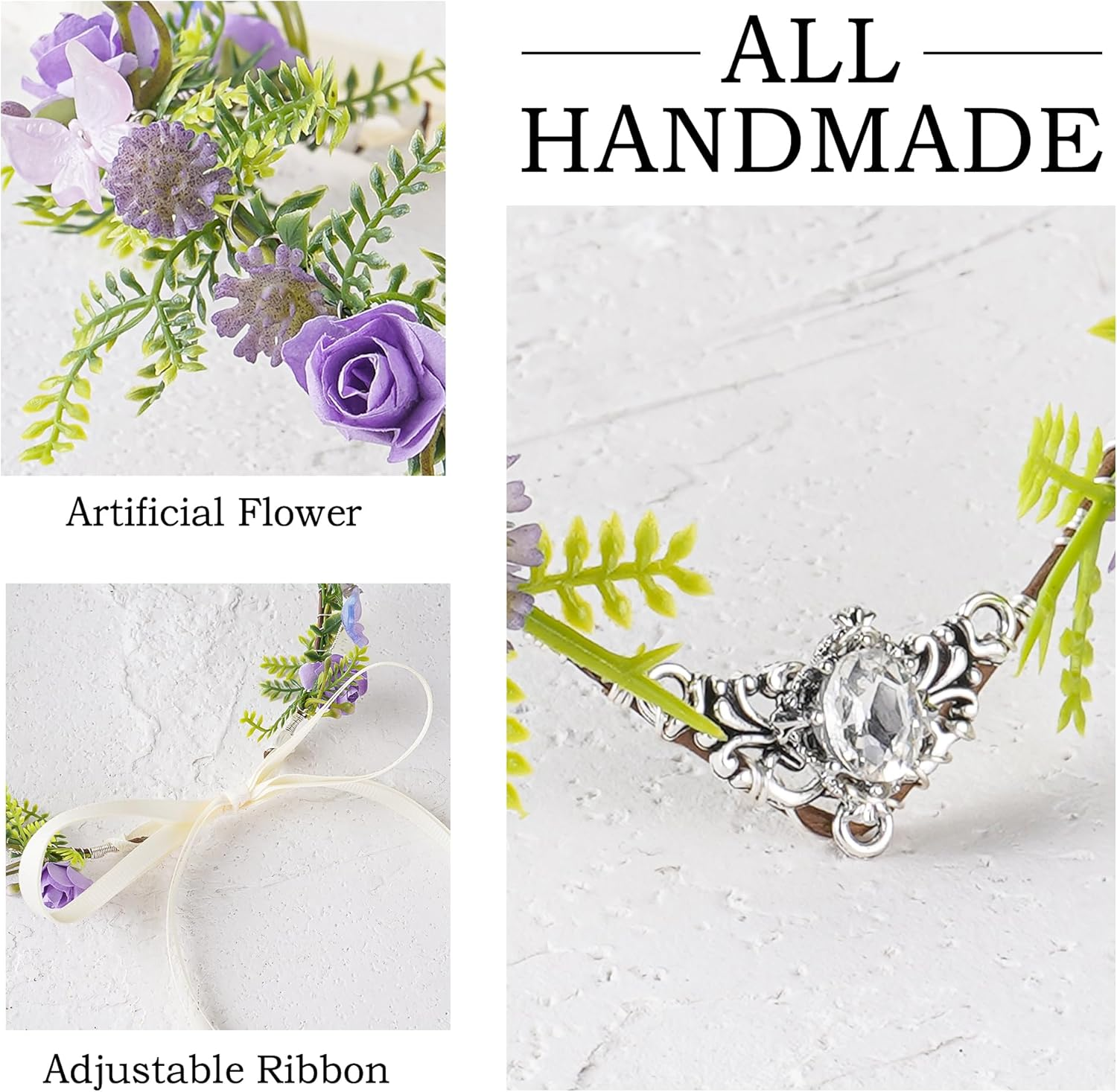 MOSTORY Purple Elf Crown for Wedding Women Floral Fairy Headpiece with Butterflies for Renfaire Woodland Fairy Costume image number 3