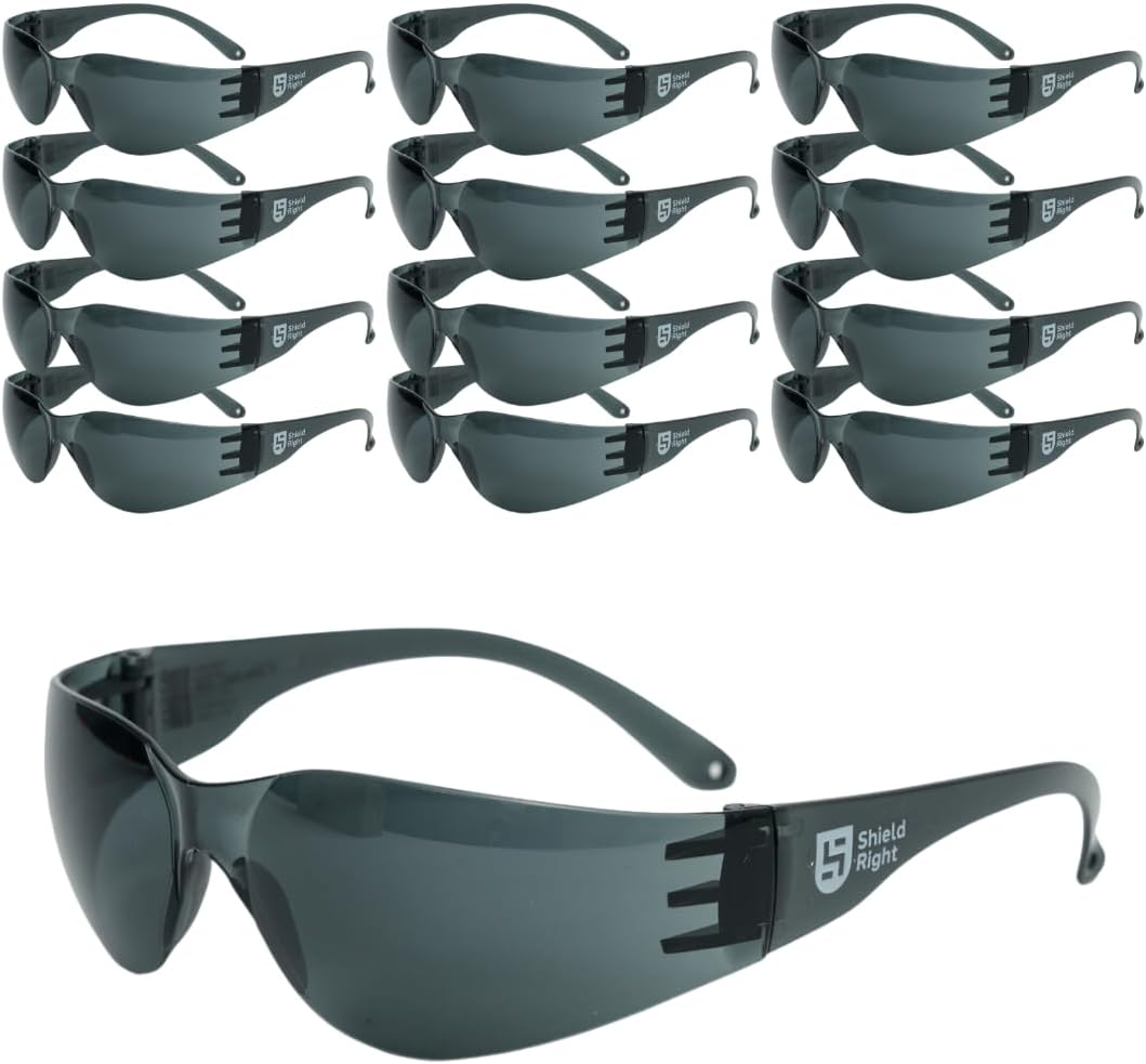 Shield Right 12 Pack Classic Safety Glasses, Clear, Smoke/Tinted, Amber, Anti-Scratch Coating, anti Fog, Eye Protection, Impact Resistant Lens