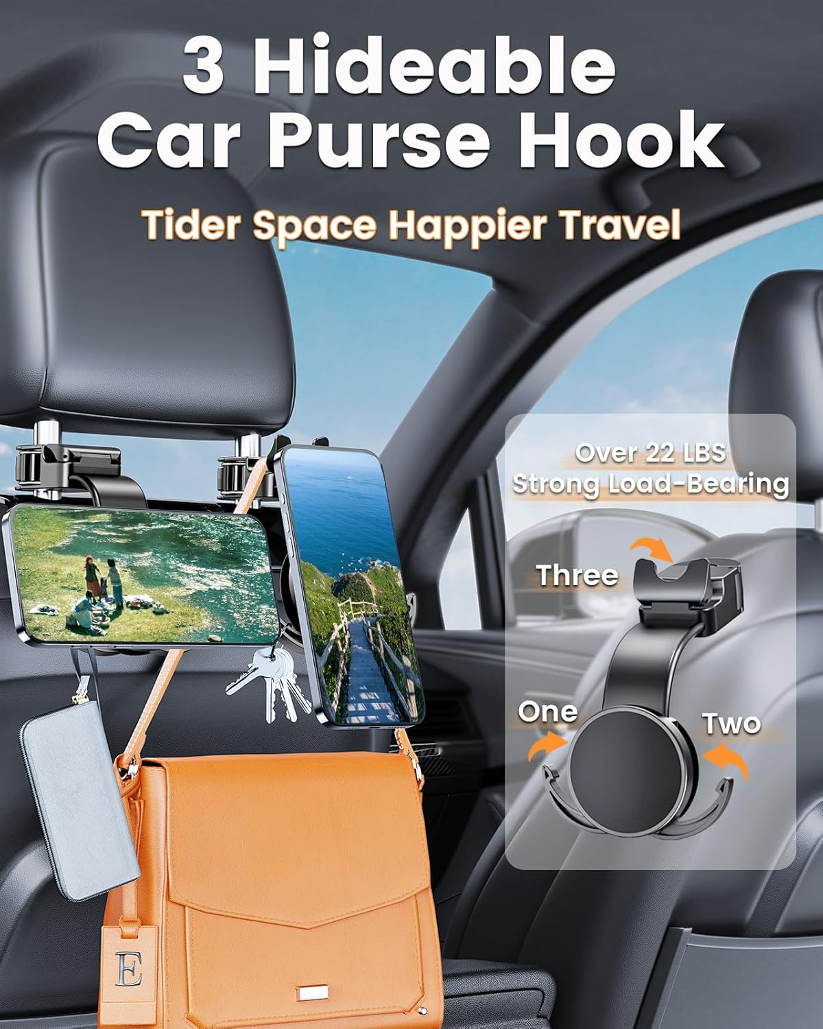 2 in 1 Car Headrest Phone Holder & Hidden Hook, [Strong Magnetic & Soft Aluminum Arm] Car Seat Phone Holder for Iphone, 3 Orgnaizer Car Headrest Hook for Purse Bag Key Umbralle Headphones image number 5