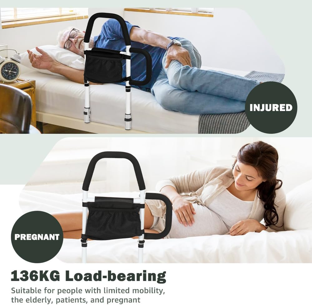 Kokorona Bed Rail for Elderly Adults, Bed Assist Rail for Seniors with Dual Grab Handles, Side Bed Guard Rails with Storage Pocket, Safety Bed Rail under Mattress, Loading 136KG image number 2