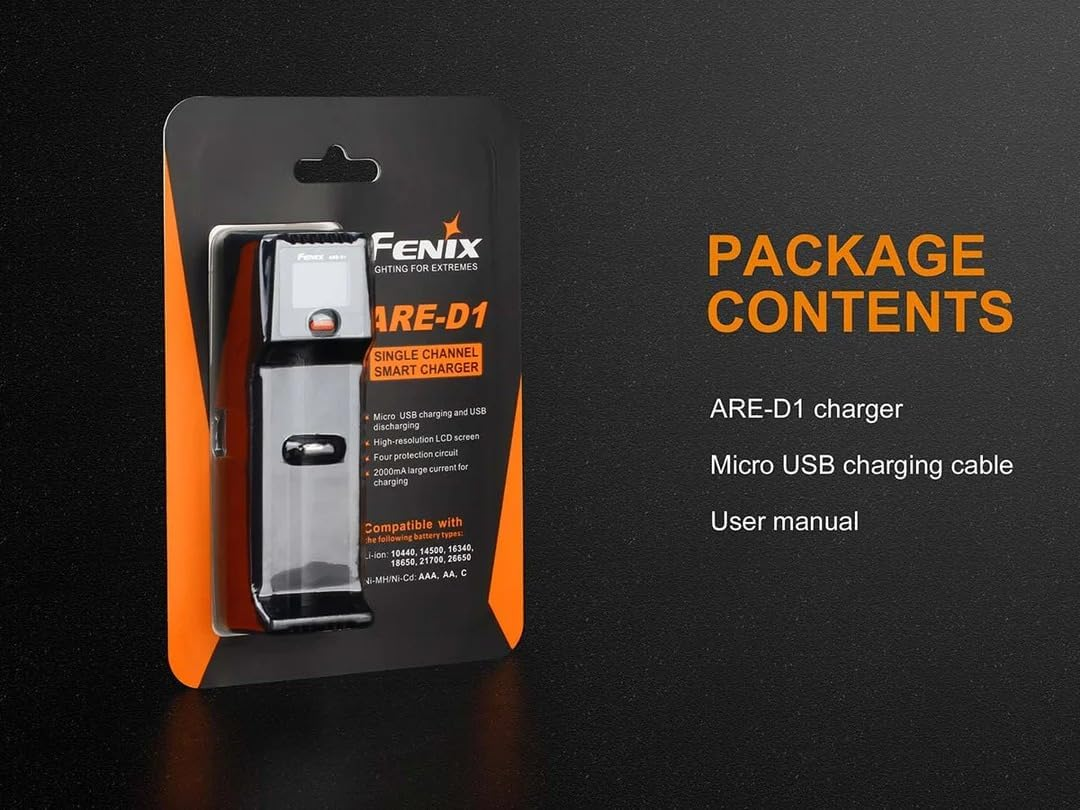 Fenix Are-D1 Single Bay Smart Charger - Micro USB & LCD Screen Display - Multi-Protection Circuit - Compatible 10440, 14500, 16340, 18350, 18650, 21700, 26650 - Supports AC/DC Charging - Black image number 4