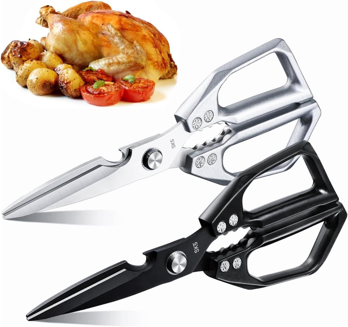 2PCS Kitchen Scissors, 9.06" Utility All Purpose Metal Handle Poultry Shears, Sharp Stainless Steel Cooking Food Scissors, Heavy Duty Dishwasher Safe, for Cutting Meat, Chicken, Turkey, Nuts, Fish