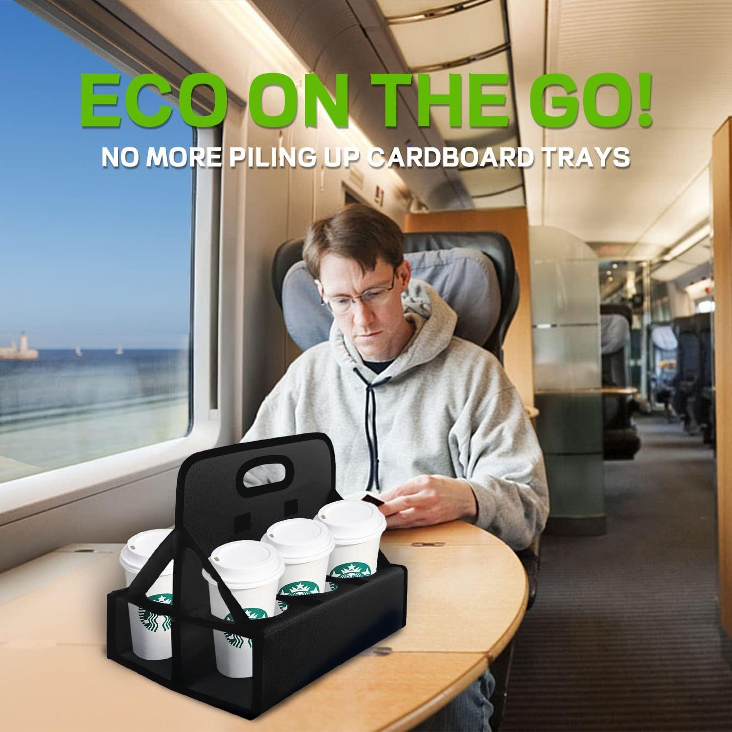 Cup Caddy Portable Drink Carrier or Cans Reusable, 6-Cup Holder with Handle, Folds Flat, Carry Coffee, Wine, Cocktails, Safely Secures Hot and Cold Beverages- for Delivery and Take Out (Black) image number 6