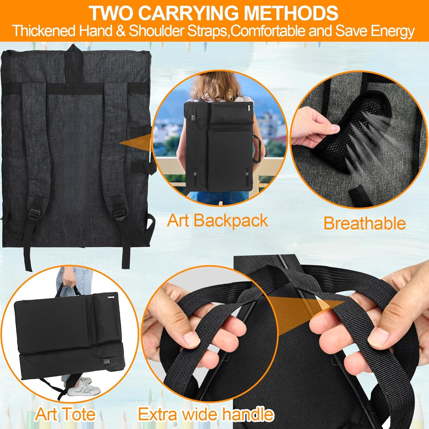 A3 Art Portfolio Case 20X26Inch 4K Waterproof Artist Carry Bag with Handle Painting Sketch Pad Storage Tote Bag Multifunction Art Handbag Backpack for Artwork Sktchbook Drawing Board Organizer - Black image number 3