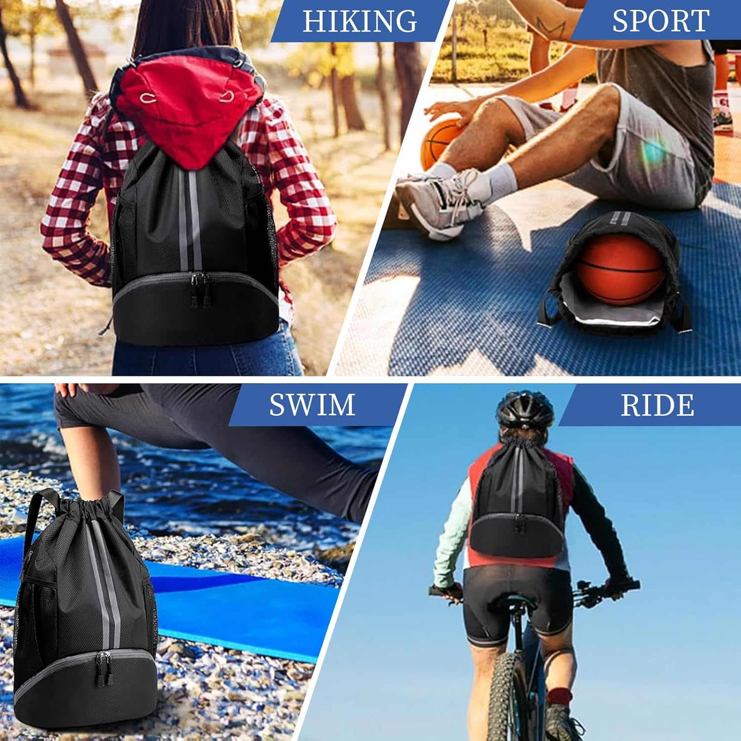 Sports Ball Bags with Dry Wet Separation Shoe Compartment, Water Resistant Drawstring Gym Bag Backpack, Side Mesh Pockets Gym Bag, Cricket Football Rugby Basketball Volleyball Backpack image number 2