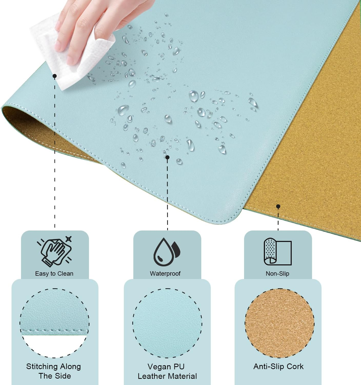 BLESWIN Large Desk Pad - Dual-Sided Cork & Leather, Mouse & Keyboard Mat, Easy Clean, Non-Slip, Office & Laptop Mat (Light Blue, 120X43Cm) image number 1