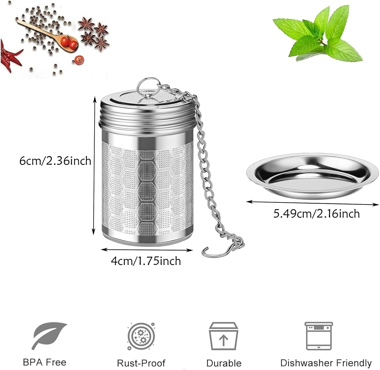 2 Pcs Stainless Steel Tea Filter,Loose Leaf Tea Infuser with Extended Chain Hook and Drip, Ultra Fine Honeycomb Design Mesh Tea Filter for Brewing Tea,Spices and Seasonings image number 5