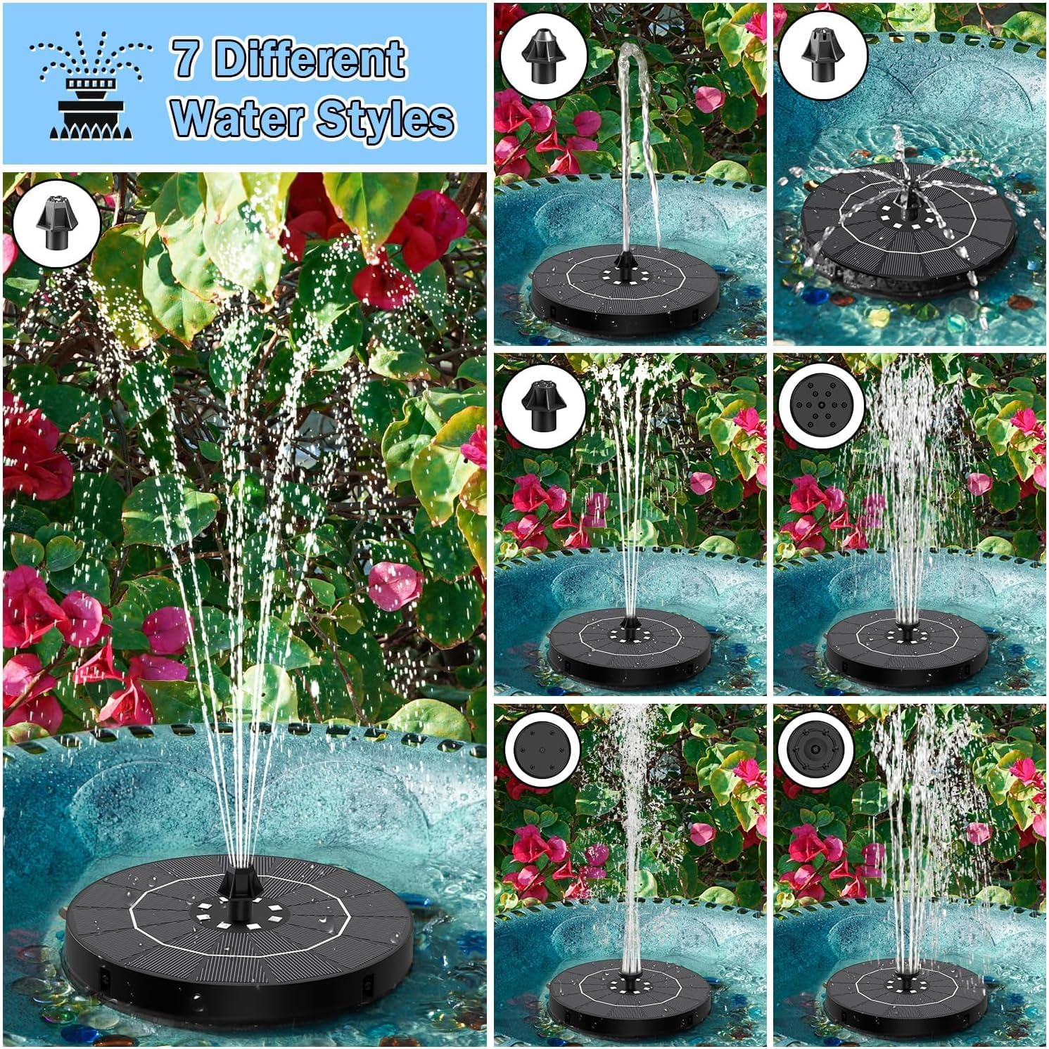 Solar Fountain Water Pump with 7 Color LED Lights, Upgrade 2.5W Solar Fountain with 7 Nozzle, Free Standing Floating Solar Powered Water Fountain Pump for Bird Baths, Ponds, Patios, and Pools image number 6