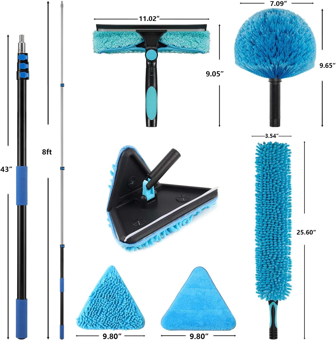 CXU 16 Feet High Ceilings Baseboard Wall Cleaner Mop with 8 Ft Extension Pole, Cobweb Duster, Window Cleaning Squeegee Kit (8Ft) image number 1