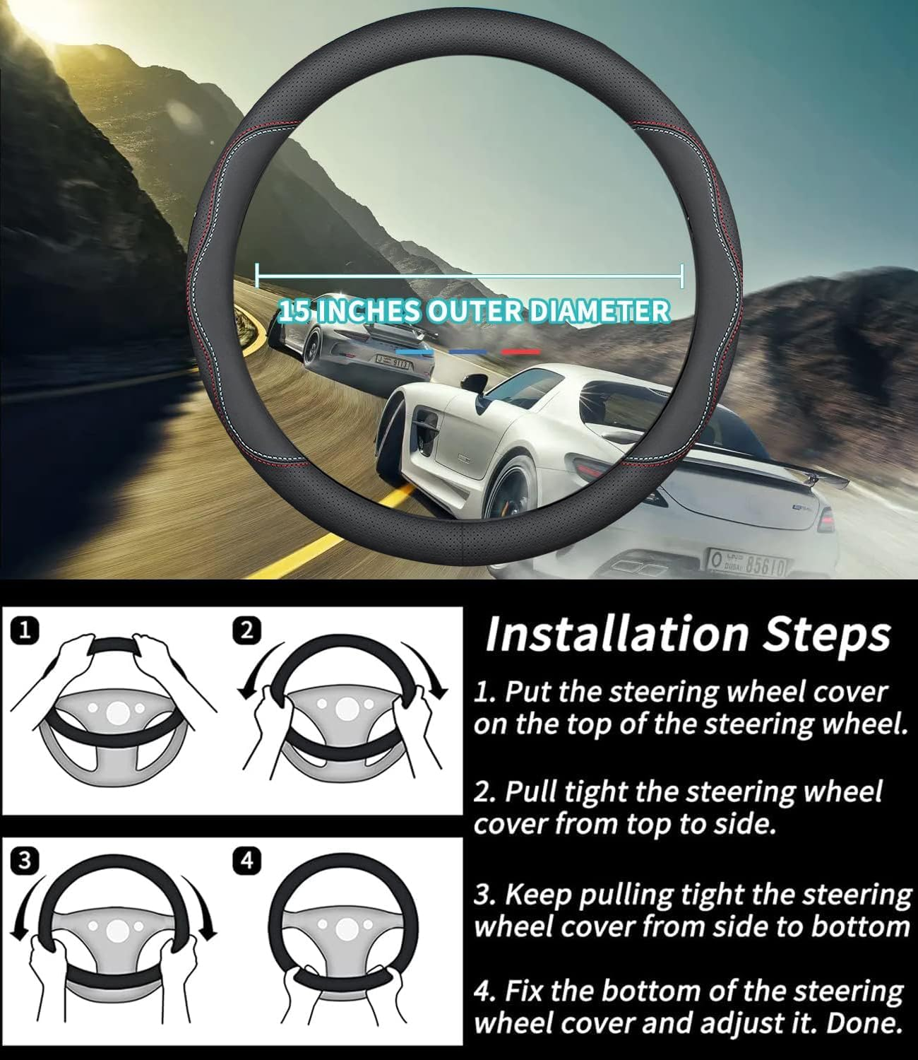 Steering Wheel Cover, Universal Premium Leather Steering Wheel Cover for Steering Wheel with a Diameter of 14.5"-15" with 2 Coasters and USB Fast Charging Cable (Style 1)