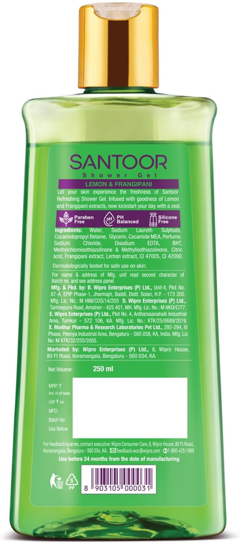 Santoor Refreshing Shower Gel with Natural Lemon & Frangipani Extracts| for Men & Women| for Soft and Fresh Skin| Suitable for All Skin Types| No Parabens| No Silicones| 250Ml image number 3