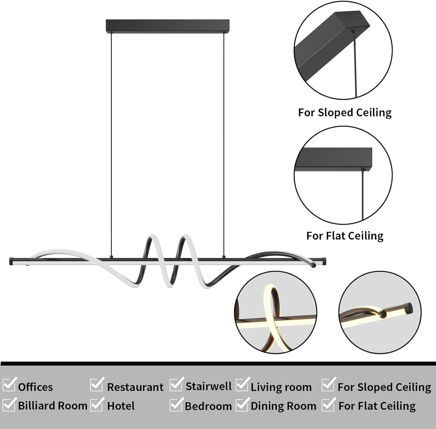 Modern Dimmable Chandelier, Led Pendant Light, Aluminum Linear Light Fixture for Kitchen Island Dining Room over Table (Black) image number 4